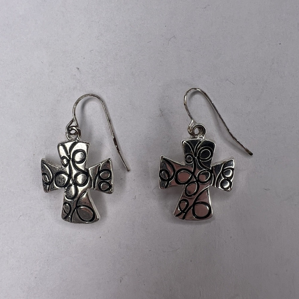 Silver Cross Dangle Earrings with Scroll Engraving Accent Dainty Delicate‎ Plate